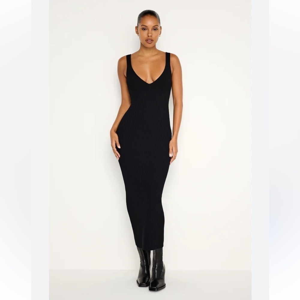 Good American Black Stretch Rib Knit Sleeveless Midi Dress Size 0XS